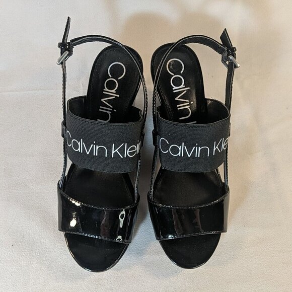 Calvin Klein BETHAN Black Strap Logo Heels 7.5 Black Wedge Patent 34E09131 Sling - Picture 4 of 12